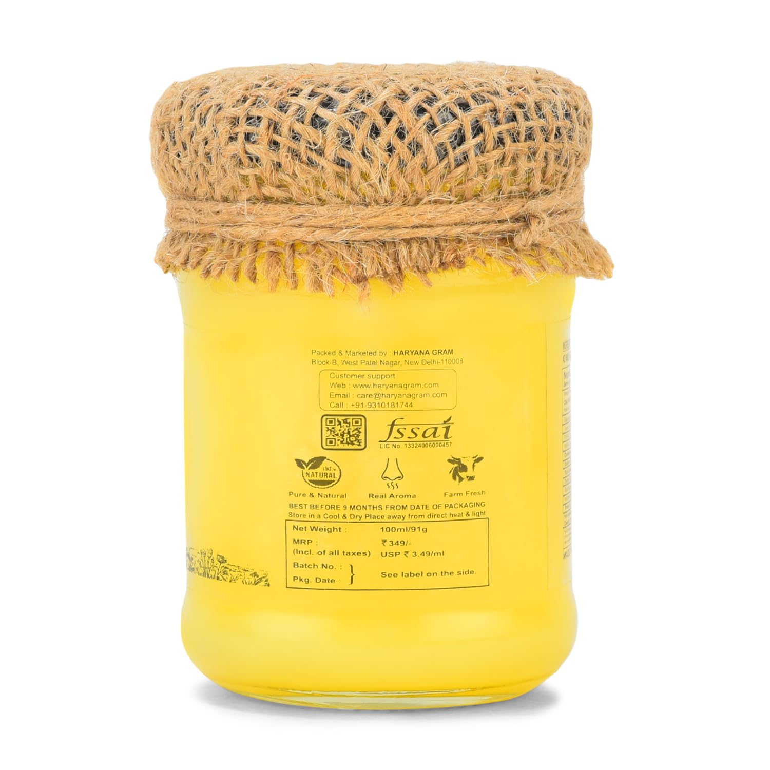 Organic A2 Desi Cow Bilona Ghee By Haryana Gram | Rich In Vitamin A, D & Minerals Healthy Desi Ghee Good For Sweets | (100ml) 3.3 Ounce | Jar Pack