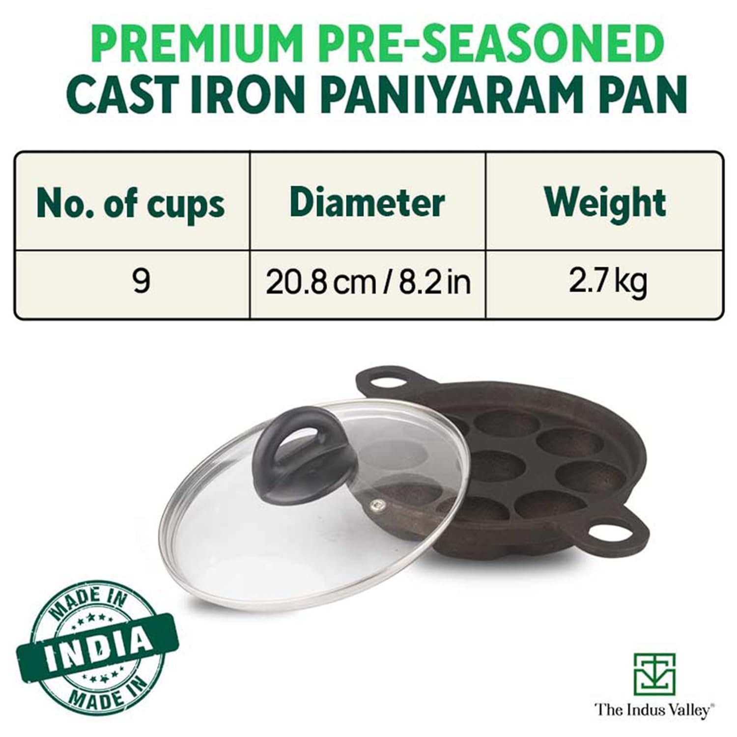 Super Smooth Black Cast Iron Paniyaram Pan With Glass Lid - 9 Pit, 20.8 Cm, 8.2 Inch, 2.7 Kg | Gas Compatible, Pre-Seasoned, 100% Toxin-Free, Naturally Non-Stick, Long Lasting