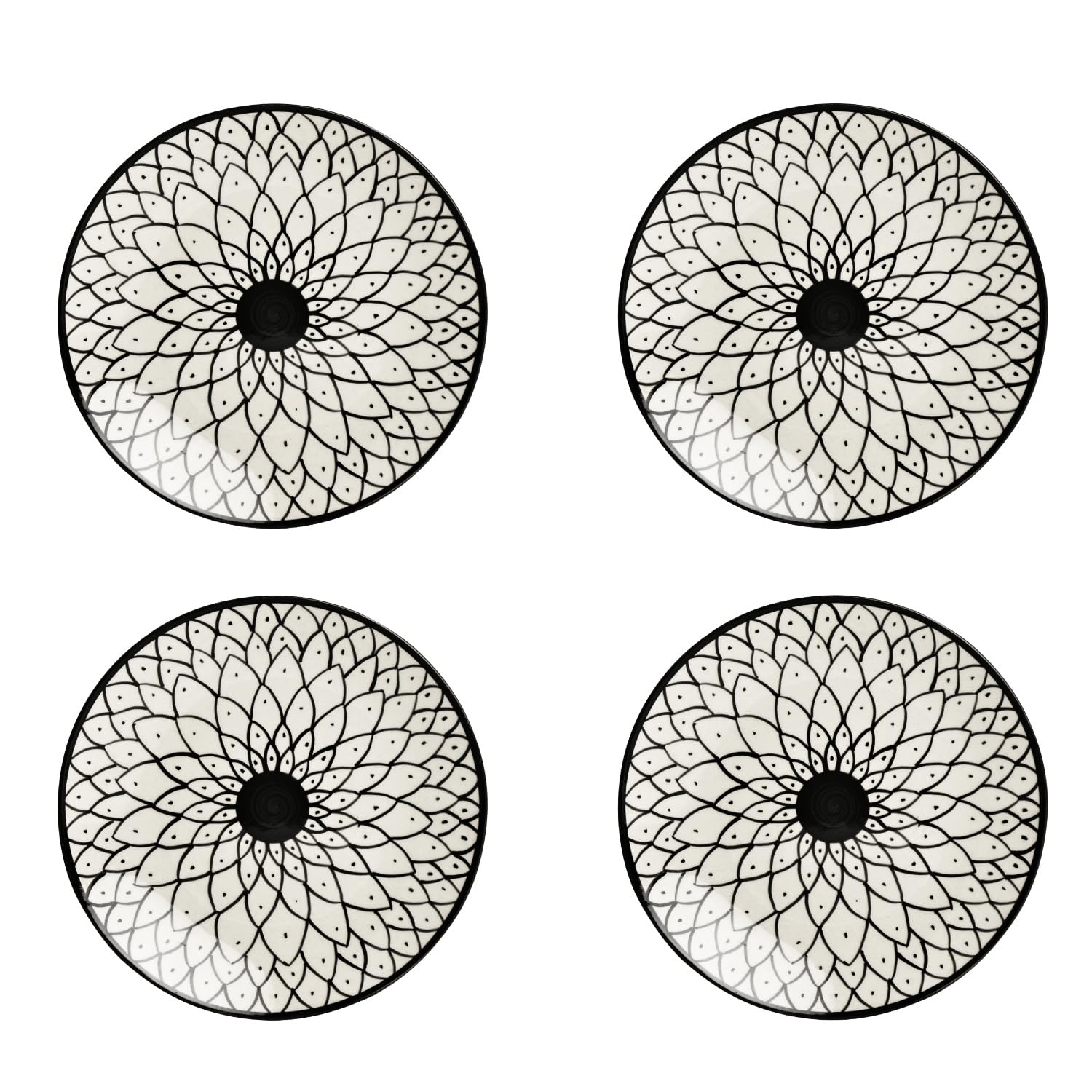 Hand Painted Black & White Spiral Ceramic Quarter Plates Set Of 4 - 7 Inches | Dishwasher Safe Small Side Plates - Microwave Safe Snack Plates For Party