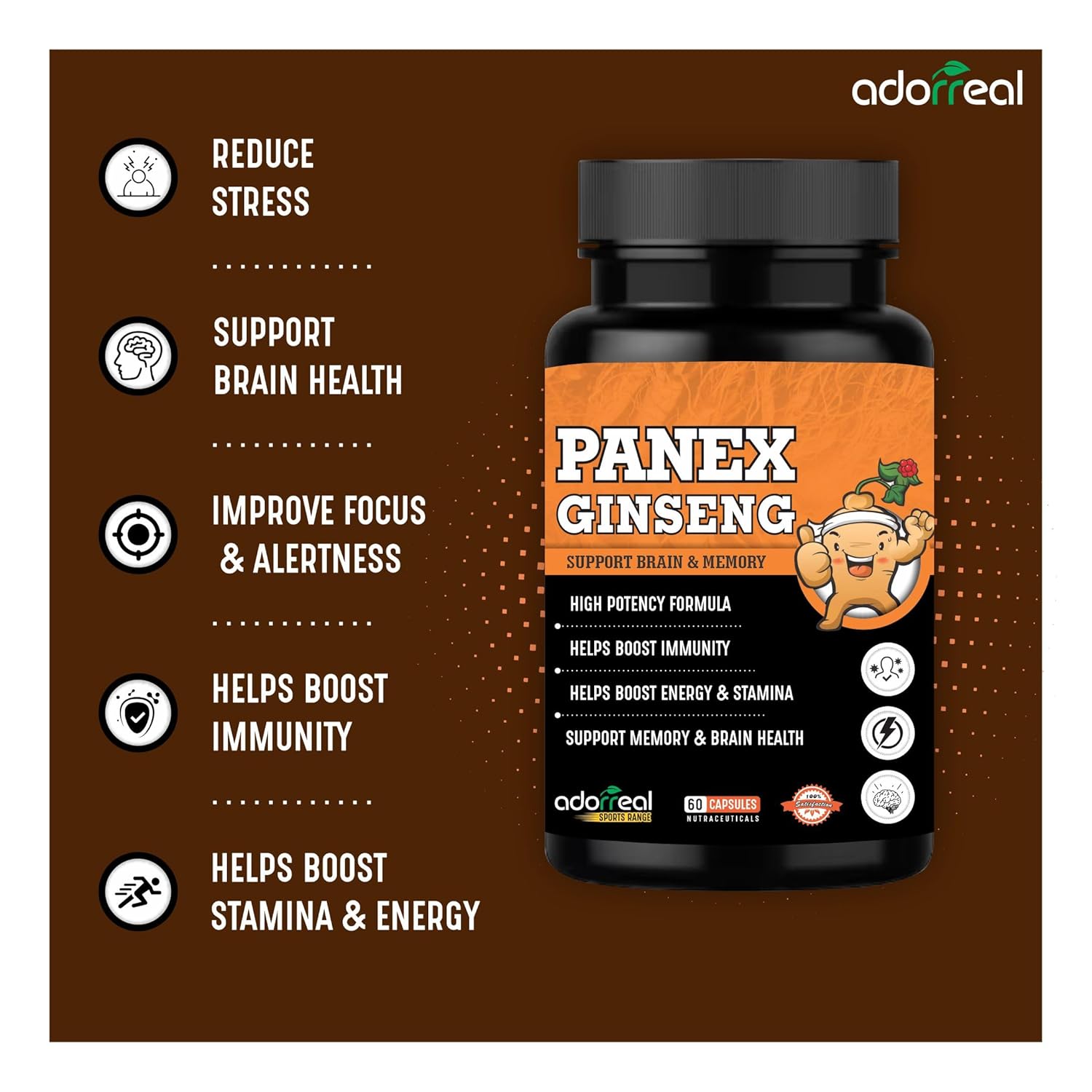 Adorreal Panex Ginseng High Potency Formula, Supports Brain & Memory, Boosts Immunity & Energy | 60 Capsules 100gm 0.2lbs