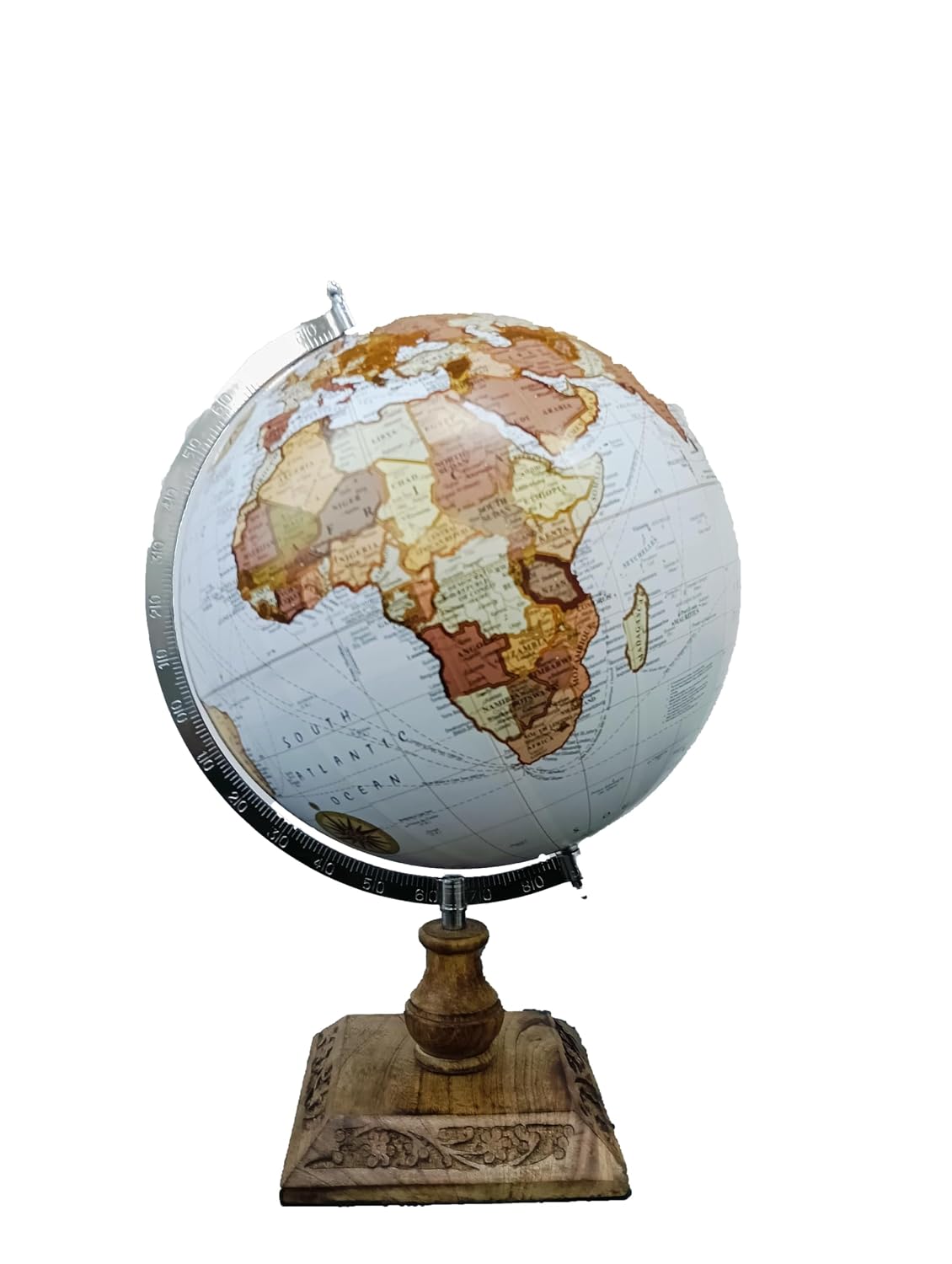 Rotating World Globe 12 Inch With Gold Arc & Wooden Stand For Show Piece For Home, Office, Study Table Decor, Birthday, Party Gifts For Students, White, Pack Of 1