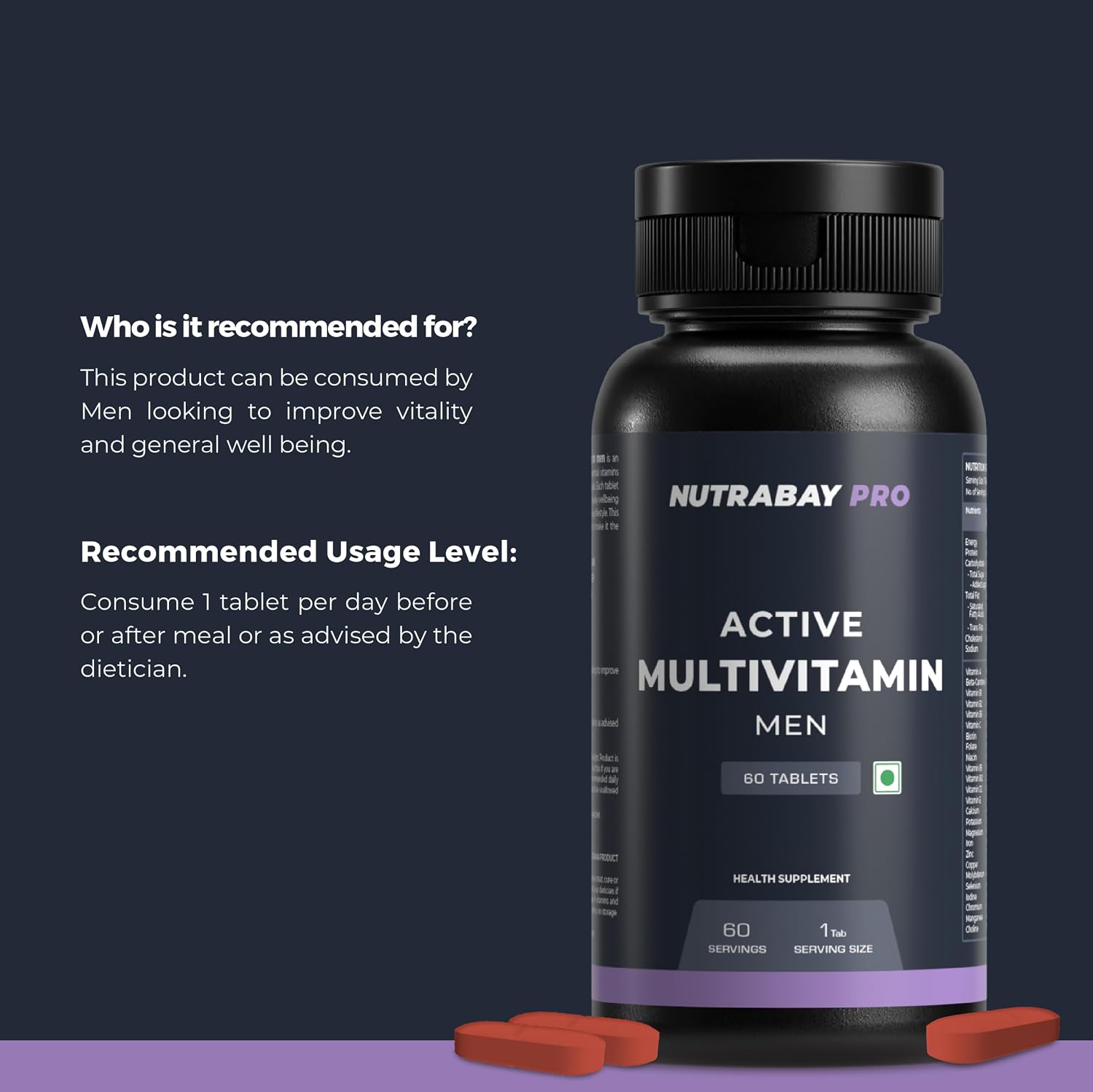 Nutrabay Pro Active Multivitamin For Men , 25 Vital Vitamins & Minerals With Zinc, Vitamin C, D, B12, & Multiminerals | Enhances Energy , Stamina & Immunity | 60 Tablets , 100gm 0.2lbs
