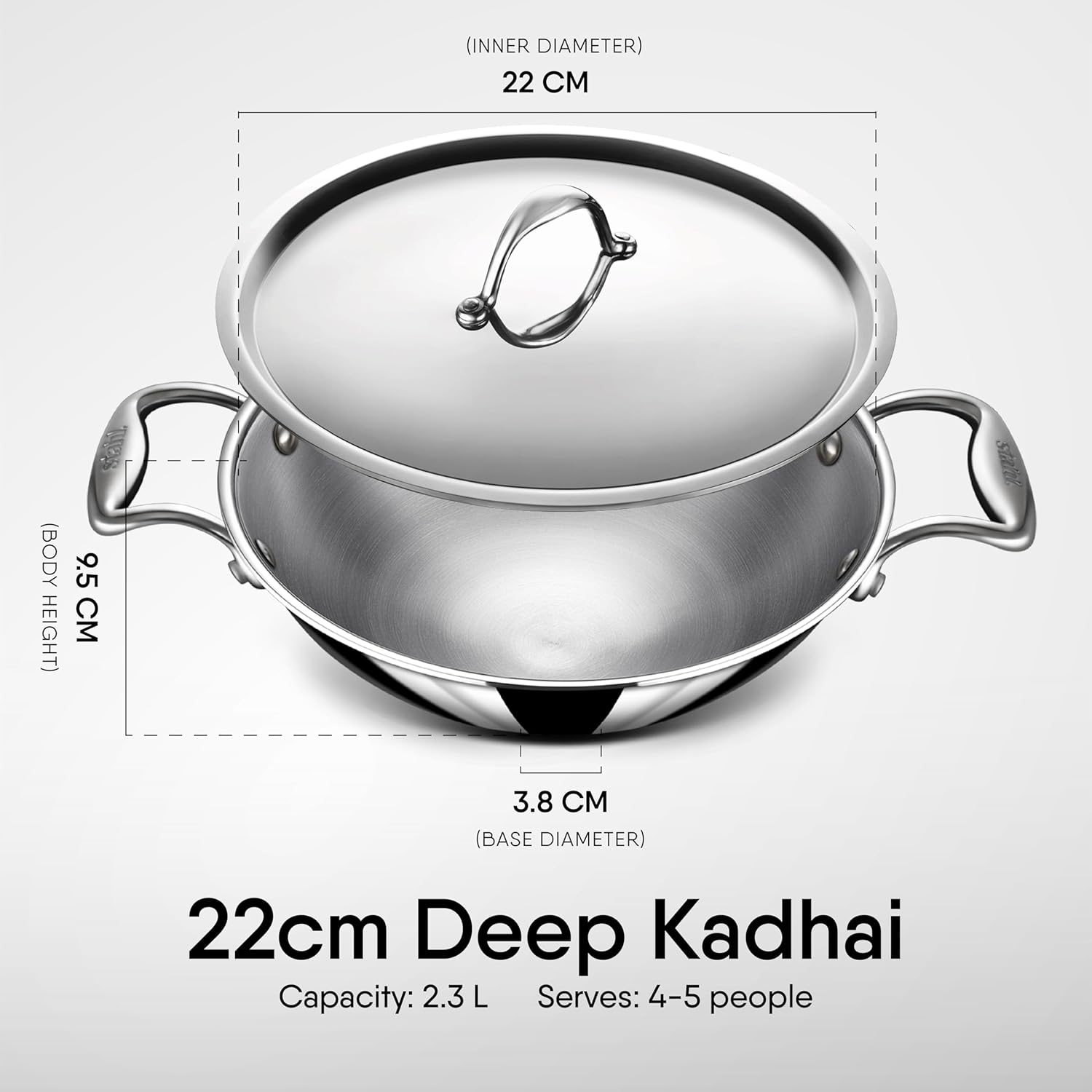 Artisan Triply Stainless Steel Round Bottom Kadhai With Lid 2.3 Liters, 22cm | Extra Deep Kadai