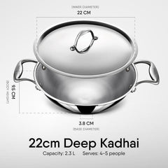 Artisan Triply Stainless Steel Round Bottom Kadhai With Lid 2.3 Liters, 22cm | Extra Deep Kadai