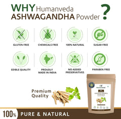 Humanveda Pure & Natural Ashwagandha Root Powder Withania Somnifera Helps Boost Strength, Stamina & Energy, Stress Relief Helps Fight Anxiety & Stress | 100gm 0.2lbs