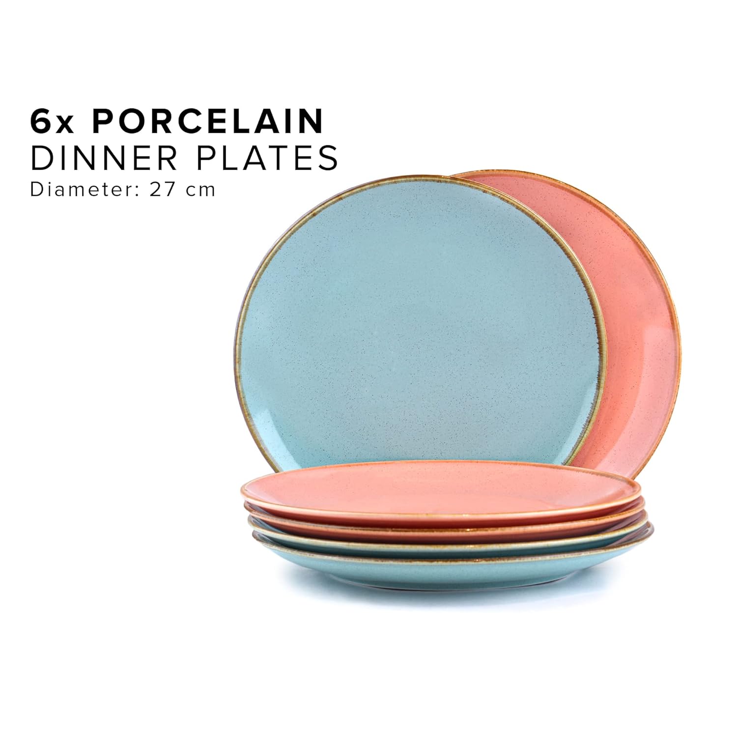 Ceramic Dinner Plates Set Of 6 Pieces - 3 Pink + 3 Blue Sprinkle Series | Ceramic Plates Set With Glossy Finish - Ceramic Dinner Plates | Set Of 6 Plates For Dinner