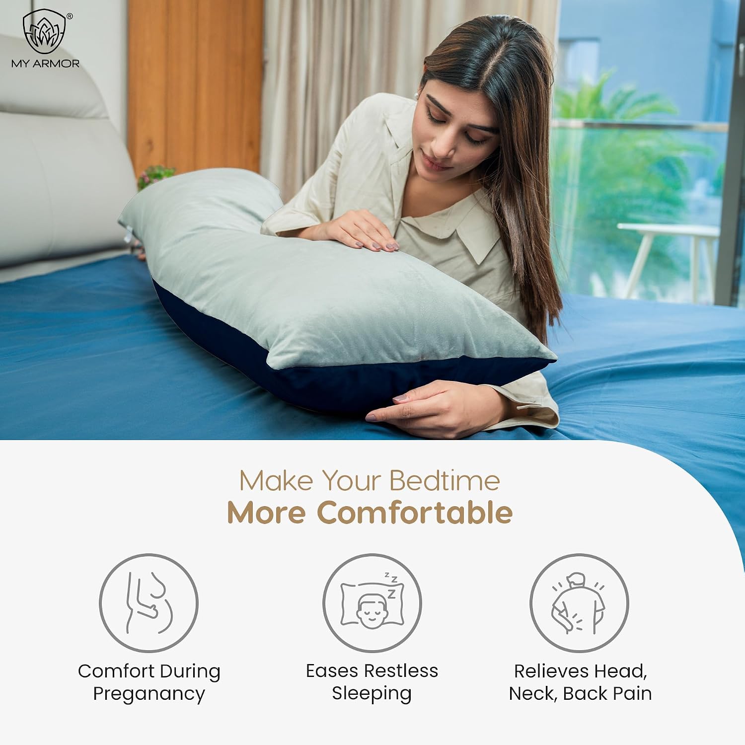 Microfiber Body Side Pillow For Sleeping For Pregnancy, Grey & Navy Blue - 53 X 16 Inches | Long Cuddle Pillow For Hugging, Relaxing, Washable, Premium Velvet Outer Cover, Adjustable Pillow