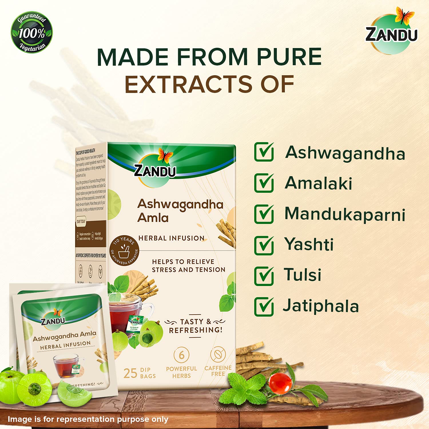Zandu Ashwagandha Amla Herbal Infusion Tea - 25 Tea Bags | Enriched With 6 Ayurvedic Ingredients - Relieves Stress & Tension | Enhances Immunity - Caffeine Free, Non GMO