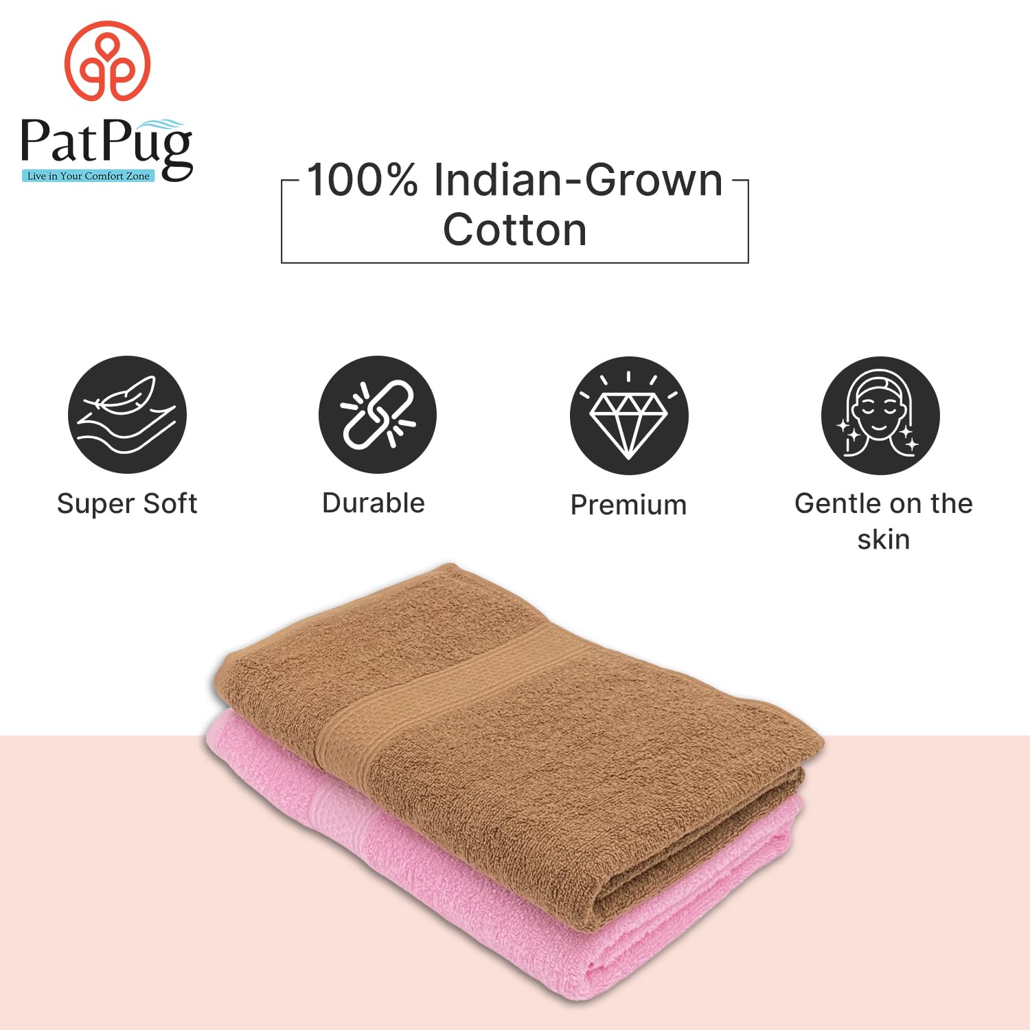 PatPug 100% Indian Ultra Soft Cotton 750 Gsm | Highly Absorbent, Fade Resistant Large Bath Towel (Coffee Brown & Sweet Pink)- Pack Of 2