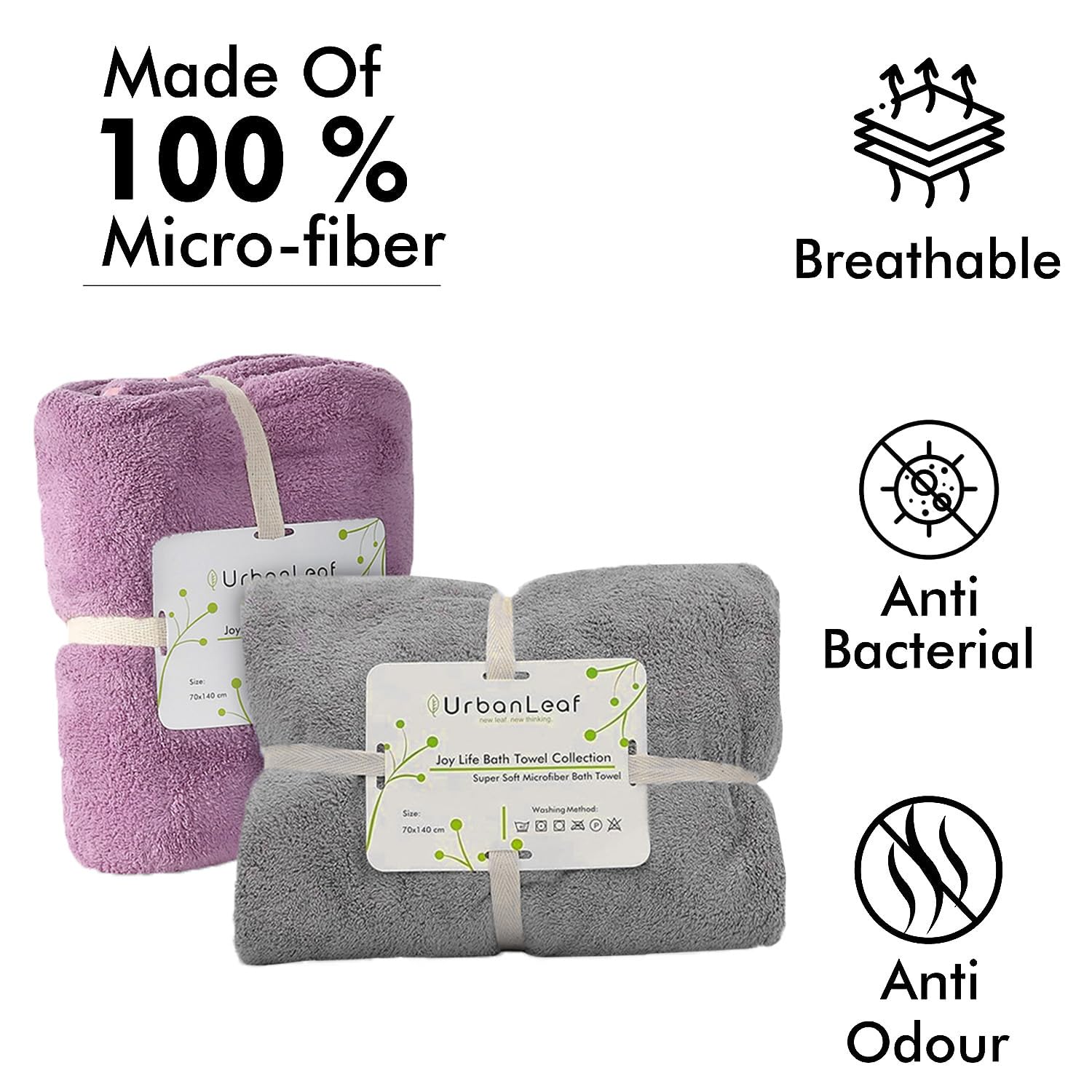 Urbanleaf Microfiber Large Bath Towel Quick Dry Super Absorbent Bath Towel | Towel For Bath, Travel, Gym, Beach, Pool & Yoga (Grey & Purple)