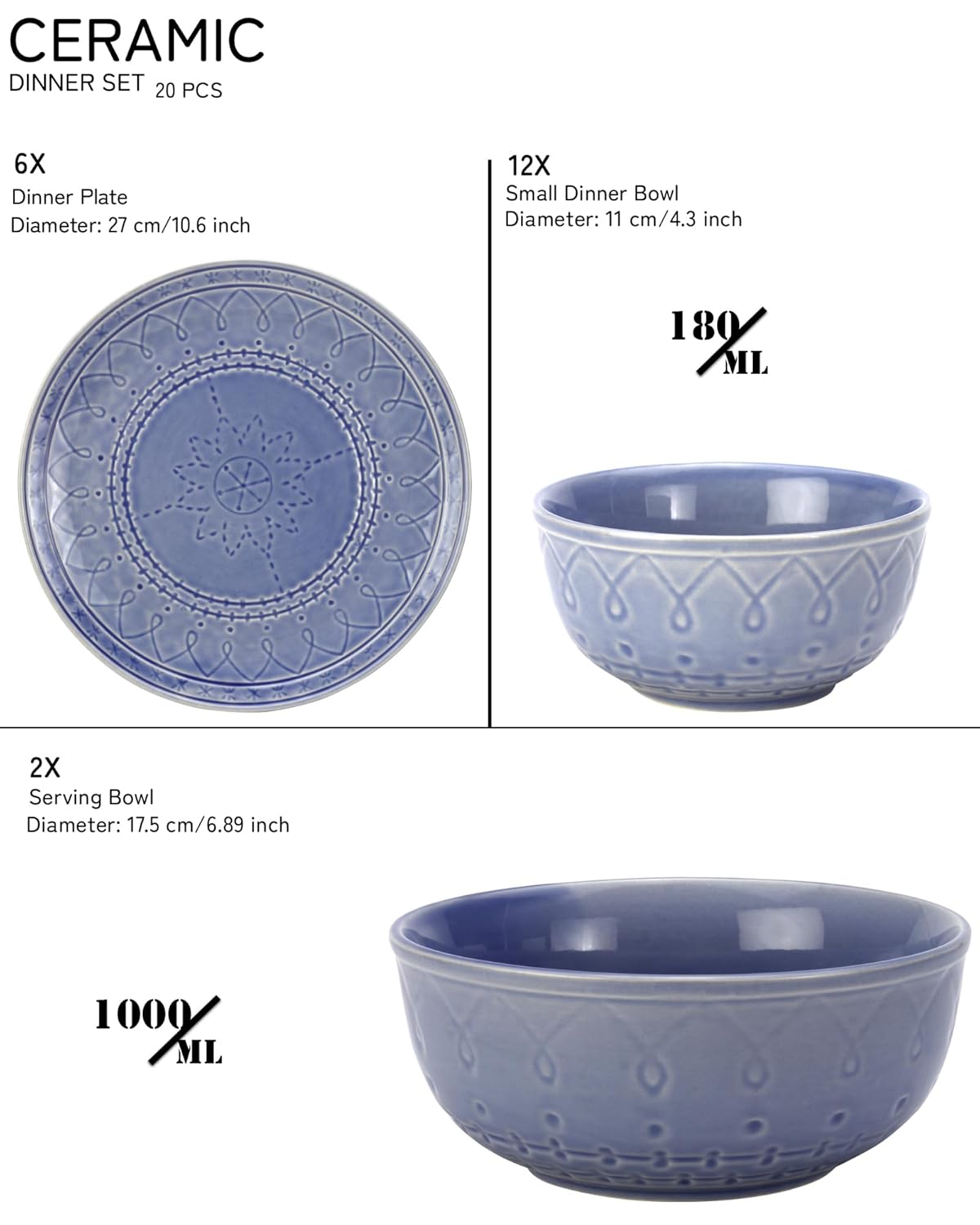 Handcrafted Stoneware Embossed Ceramic Dinner Set Of 20 Pcs With Serving Bowl Set - Mist Blue | 6 Dinner Plates+ 12 Small Dinner Bowls, 180ml Each+ 2 Serving Bowl, 1000ml Each | Serving For 6