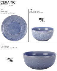 Handcrafted Stoneware Embossed Ceramic Dinner Set Of 20 Pcs With Serving Bowls Set - Mist Blue | 6 Dinner Plates+ 12 Small Dinner Bowls, 180ml Each+ 2 Serving Bowl, 1000ml Each | Serving For 6