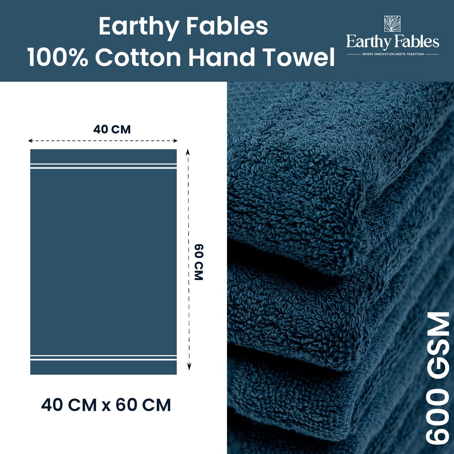 Earthy Fables Premium Hand Towels 600 Gsm | 100% Combed Cotton Ultra Soft Quick Dry & Highly Absorbent, For Home, Gym & Travel | Set Of 4 (Dark Teal)