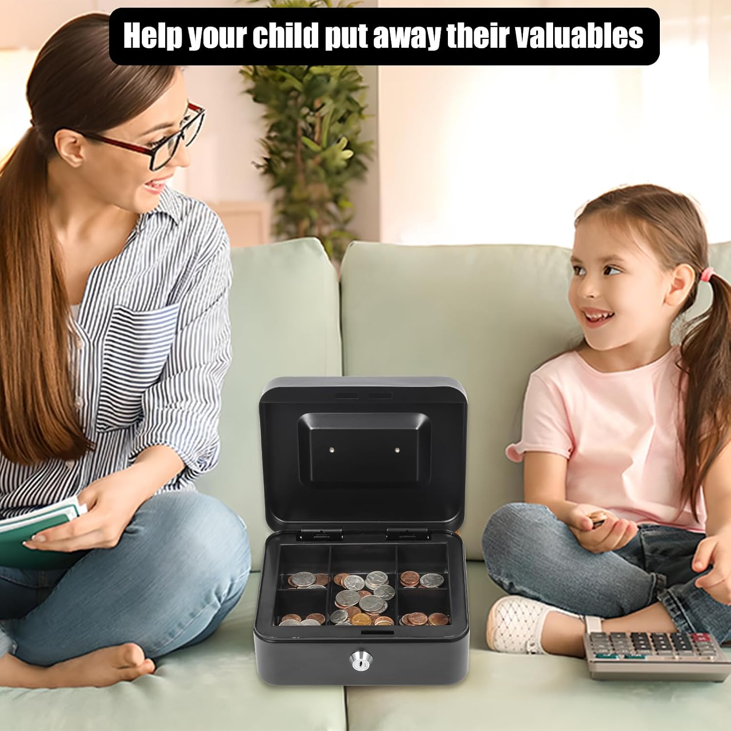 Cash Box Metal Money Box With 4 Bill 5 Coin Cash Tray Coin Compartment And Key Lock, 11.8l X 9.5w X 3.5h Inches, Colour - Black