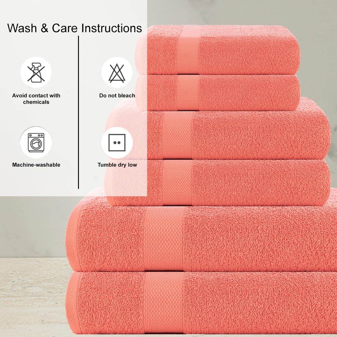 Casa Copenhagen Denmark Design 2 Bath + 2 Hand & 2 Washcloths Towels 1800 Gsm | He & She Super Soft Collection 100% Cotton 6 Piece Towel Set - Malibu Peach