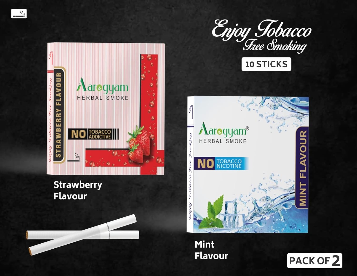 Aarogyam Herbals Pack Of 2 Flavours 100% Tobacco & Nicotine Free Cigarette For Relieve Stress & Mood Enhance Product Mint, Strawberry - 10 Sticks X 2 Packets