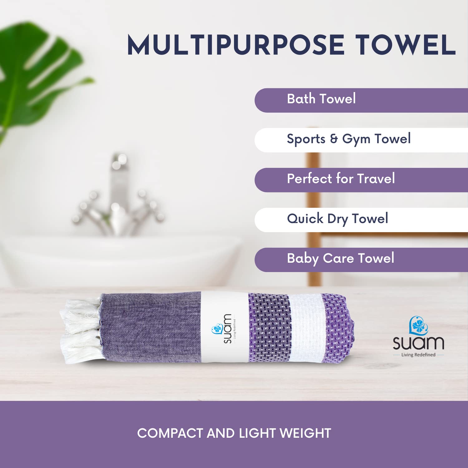 Suam Candy Cotton Towel 400 Gsm | Quick Dry, Soft & Absorbent Ideal For Bath, Beach, Gym & Travel (Damson Purple & Cloud White)