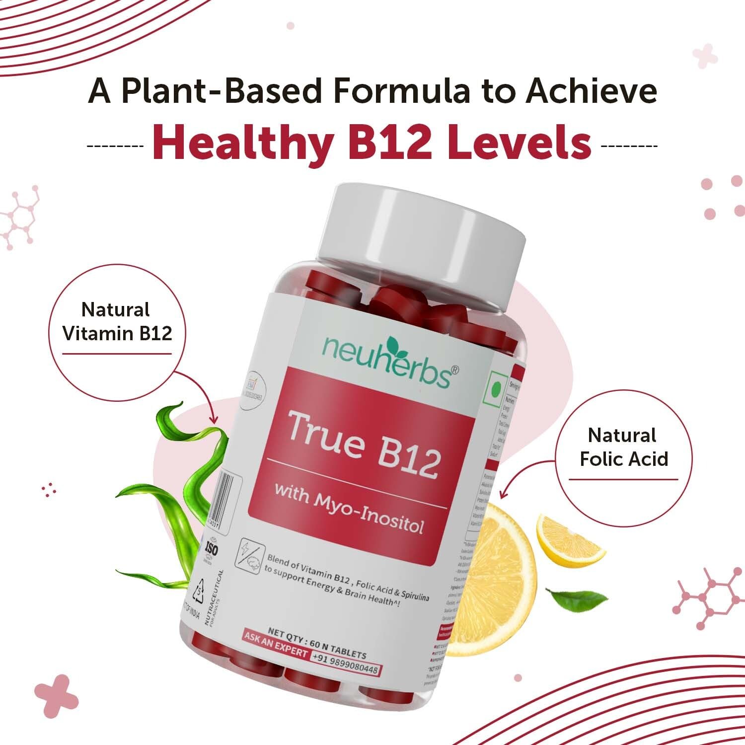 Neuherbs Plant - Based True B12 Supplements For Men & Women , With Myo - Inositol, Folic Acid & Spirulina | Supports Energy, Brain Health & Better Absorption | 60 Tablets , 100gm 0.2lbs