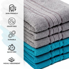 Akiko Home 100% Cotton Essential Series Hand Towels 1200 Gsm | Soft, Absorbent & Durable, Cotton Hand Towel For Bathroom Use, Gentle On Skin- Pack Of 6 (Grey & Teal)