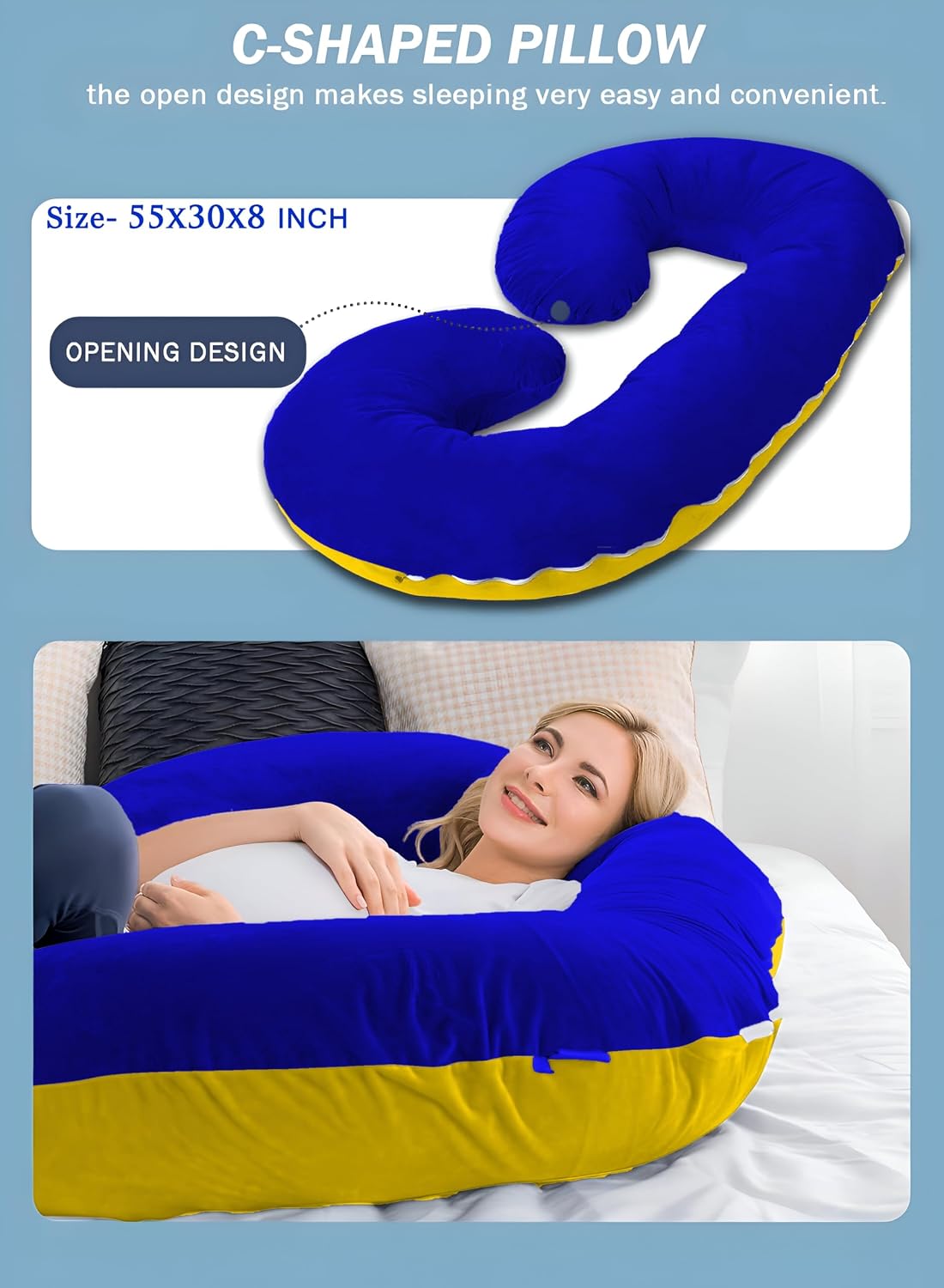 C Shaped Pillow, Pregnancy Pillow For Maternity & Baby Nursing - Gold & Royal Blue | Pregnant Women Stomach, Spine, Neck Support, Velvet Outer Cover With Zip, Adjustable, Multipurpose Use