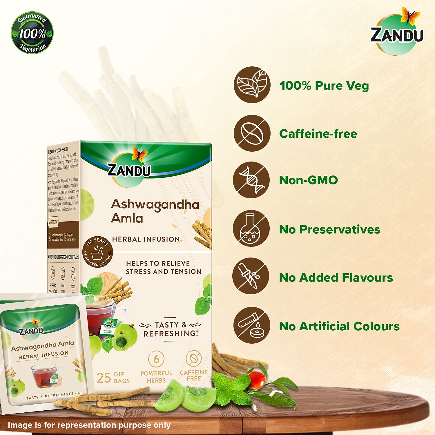 Zandu Ashwagandha Amla Herbal Infusion Tea - 25 Tea Bags | Enriched With 6 Ayurvedic Ingredients - Relieves Stress & Tension | Enhances Immunity - Caffeine Free, Non GMO