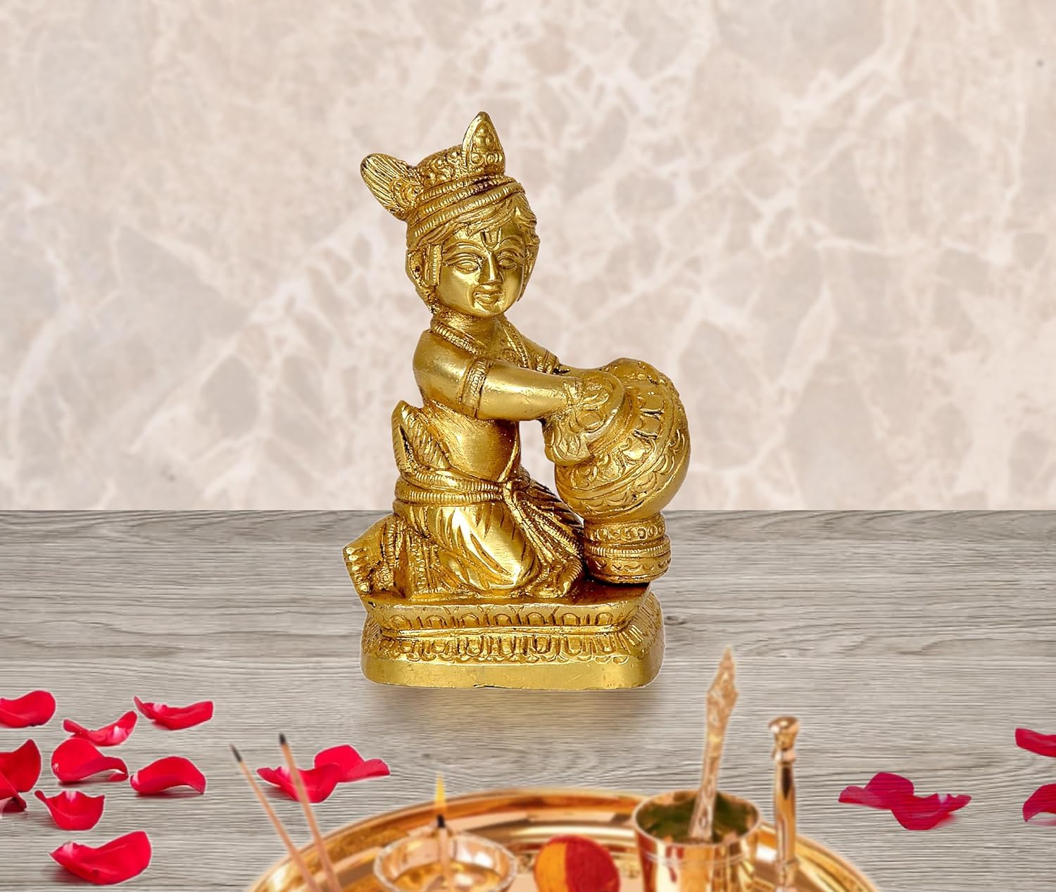Laddoo Gopal Ji, Bal Krishna Idol, Makhan Chor Statue, Brass, Gold - 4.5 Inch, Bal Krishna Murti, Clean With Soft & Dry Cloth, Beautiful Kanha Ji Statue