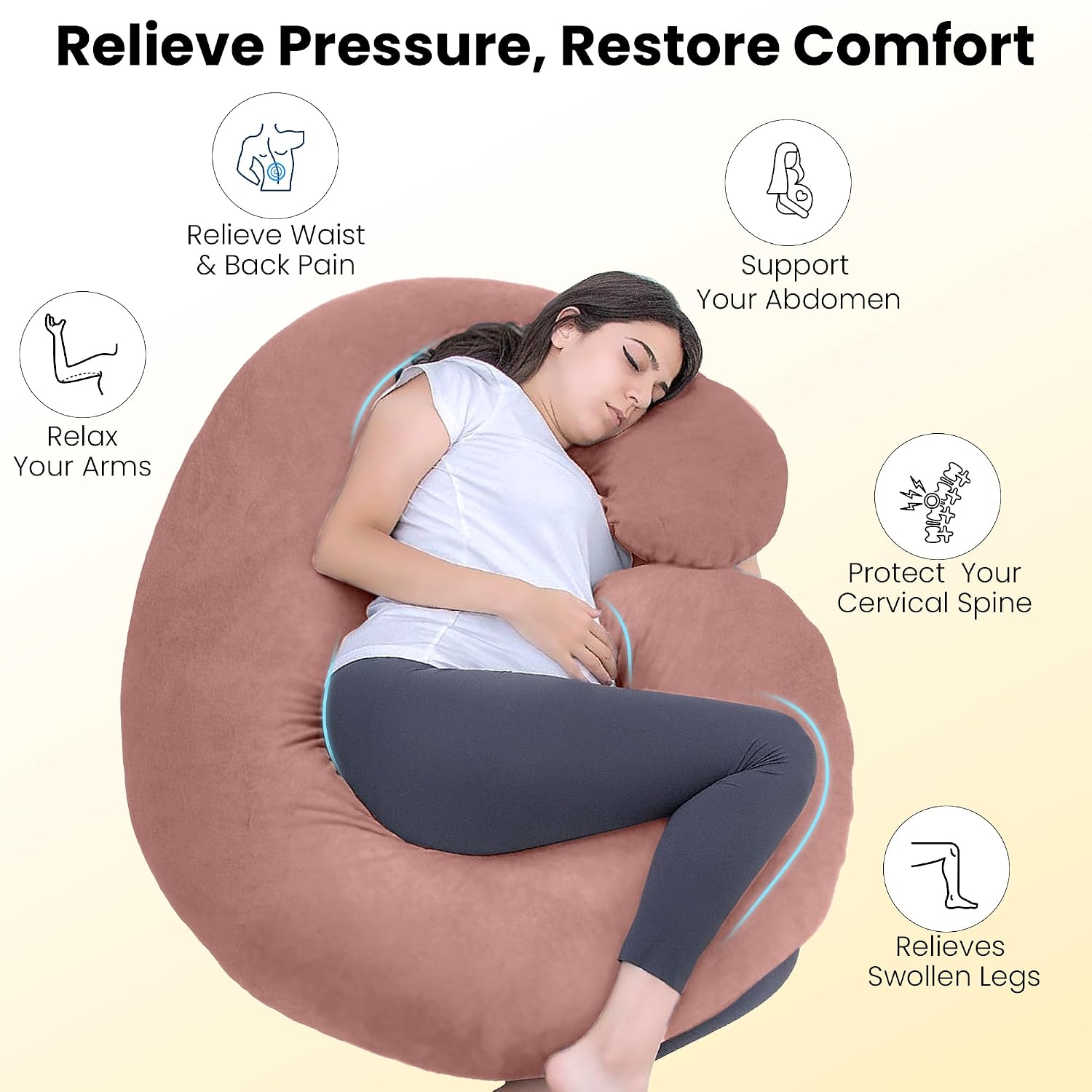 C Shape Full Body Pillow, Pregnancy Pillows For Sleeping, Soft Pillow, Peach | Maternity Pillows For Back, Hips, Legs, Belly | For Pregnant Women With Removable, Washable Peach Velvet Cover