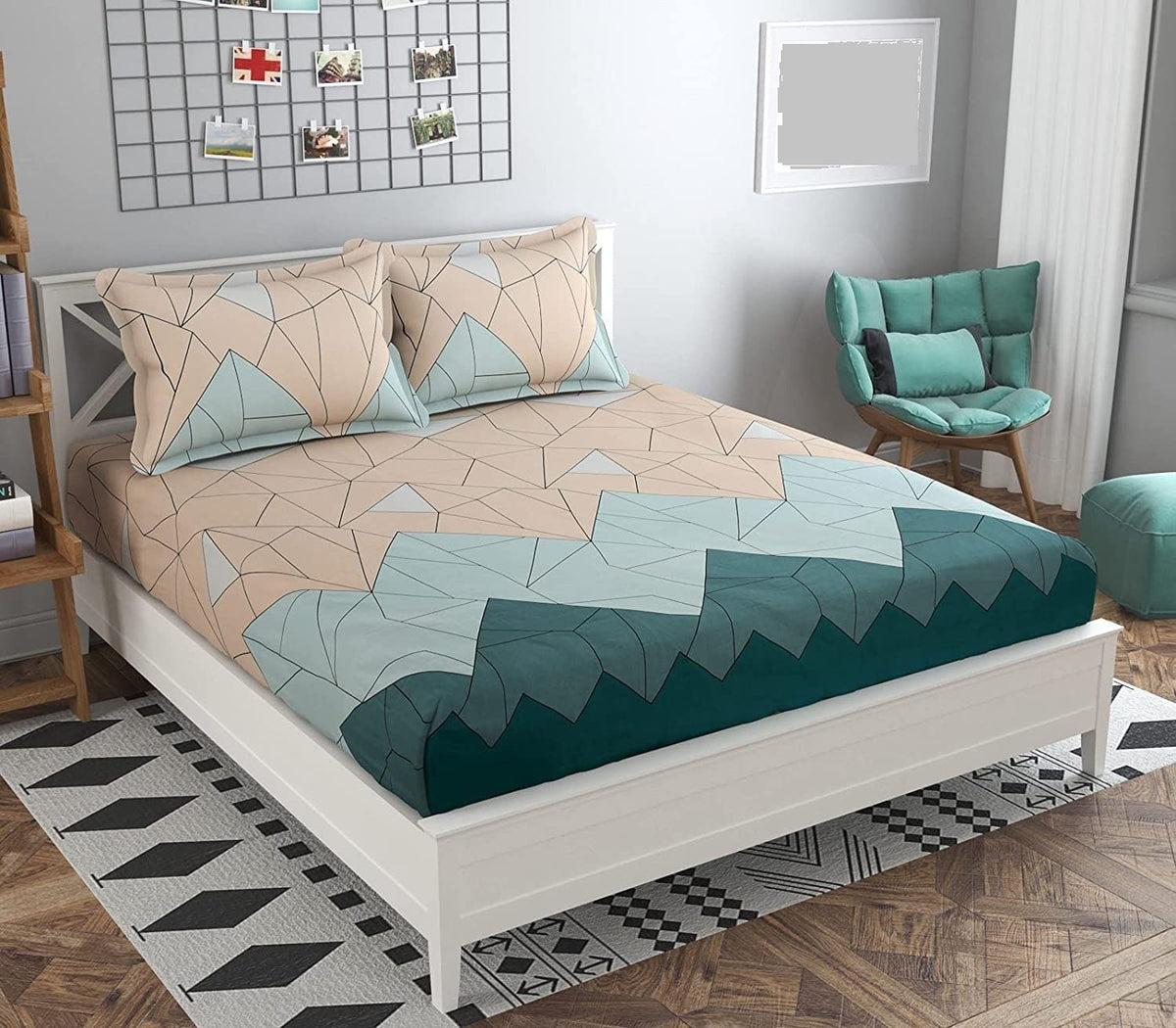 Elastic Fitted Printed King Size Double Bedsheet With 2 Pillow Cover | 72 X 78 X 6 Inches, Peach & Green | 100% Pure Super Soft Glace Cotton With 210 Thread Count