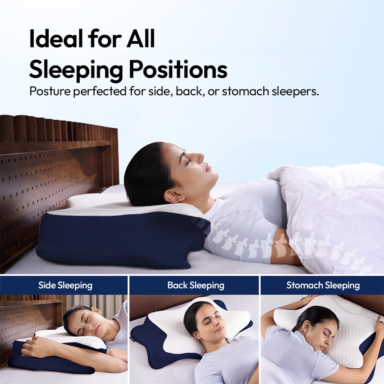 Cervical Butterfly Pillow, Orthopedic Memory Foam Pillow, Blue & White | For Neck & Shoulder Pain Relief | Ergonomic Contours, Pillow For Side Sleepers With Arm Support - Pack Of 1