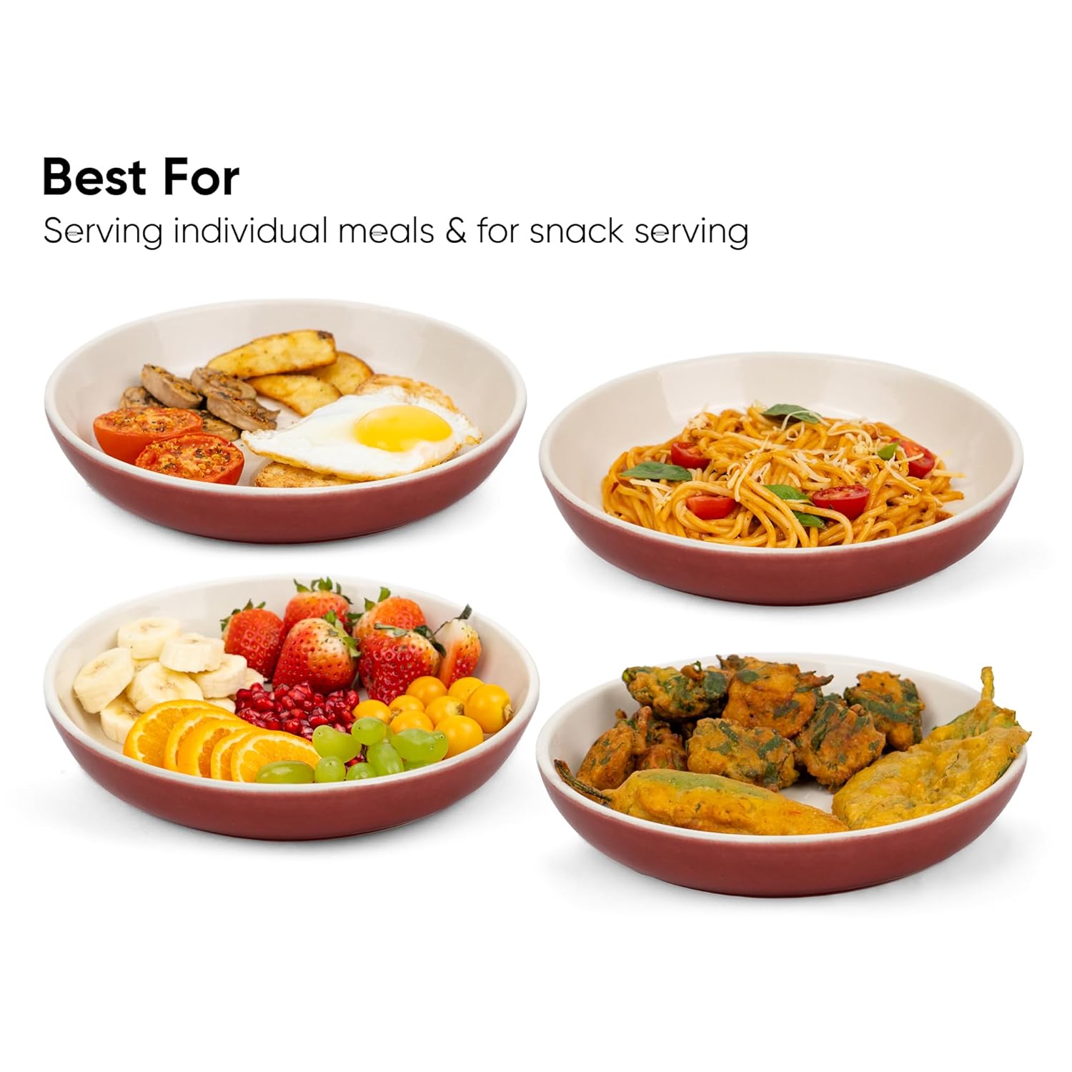 Ceramic Pasta Bowl Set Of 2 Pcs, 22cm - Burgundy Outside, 300ml Each | Stoneware Ceramic Serving Bowls With Glossy Finish | Pasta Plate - Deep Plate | Ceramic Bowl - Pasta Serving Plate