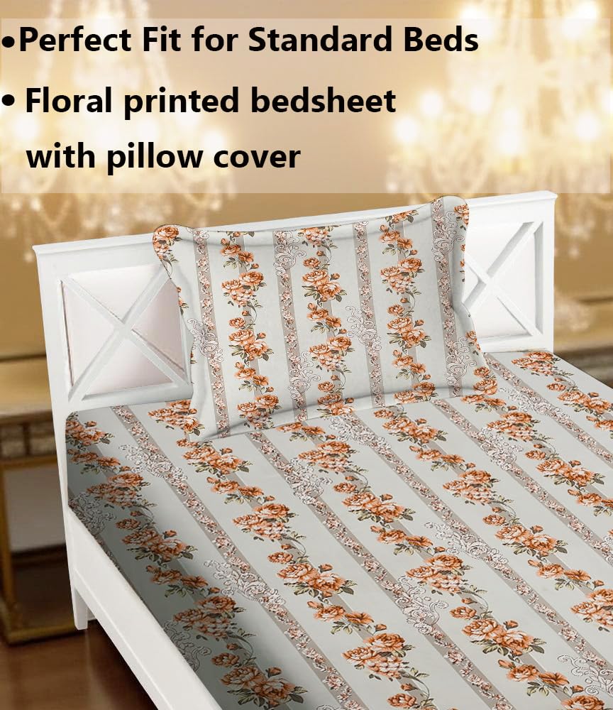 Printed Bedsheet For Single Bed With 1 Pillow Cover - 60 X 90 Inches, Light Brown | Super Soft - Glace Cotton Breathable & Wrinkle Free - 2 Pcs Set