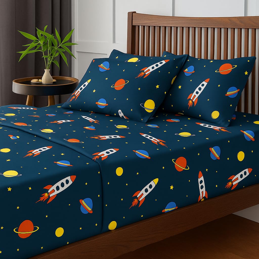Kids King Size Bedsheet With 2 Pillow Cover - 102 X 108 Inches, Navy Blue | Wrinkle-Free & Fade Resistant | Perfect For Child Bedroom Bedsheet