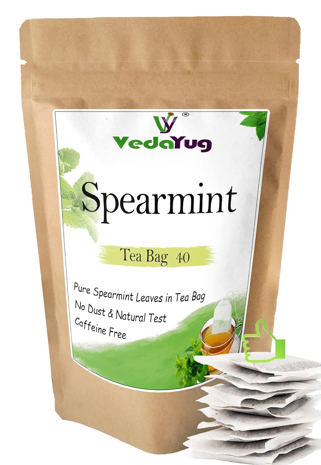 VedaYug Spearmint Herbal Tea - 40 Tea Bags, 52gm, 1.8 Ounce | Rich Flavor & Fragrance, Sleep & Stress Relief Tea - Caffeine Free, No Additives | Use For Ice & Hot Tea