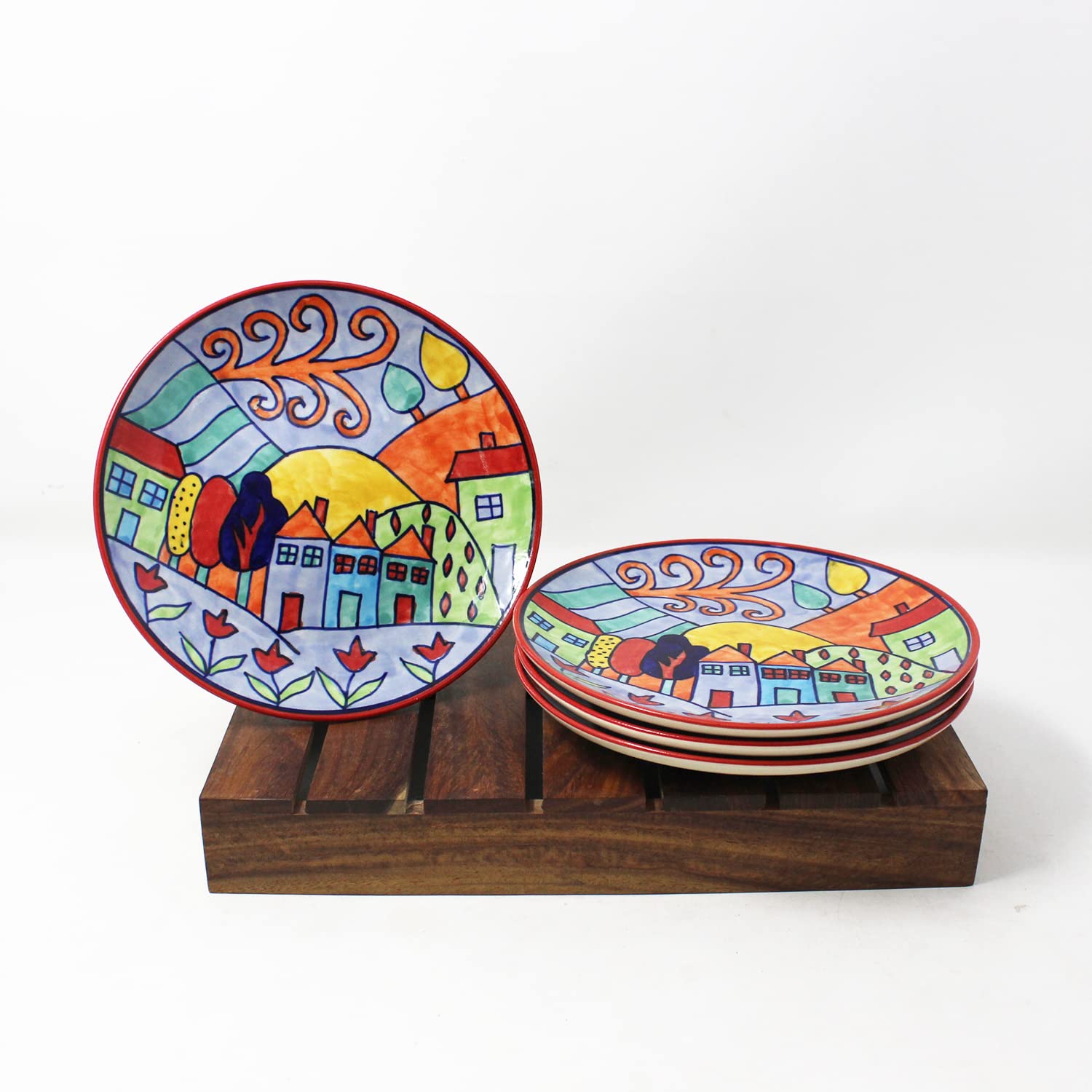 Exotic Panorama Hand Painted Ceramic Quarter Plates Set Of 6 - Multicolor | Small Side Plates For Dinner & Snacks - 7 Inch, 6 Pieces, Microwave Safe