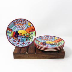 Exotic Panorama Hand Painted Ceramic Quarter Plates Set Of 4 - Multicolor | Small Side Plates For Dinner & Snacks - 7 Inch, 4 Pieces, Microwave Safe