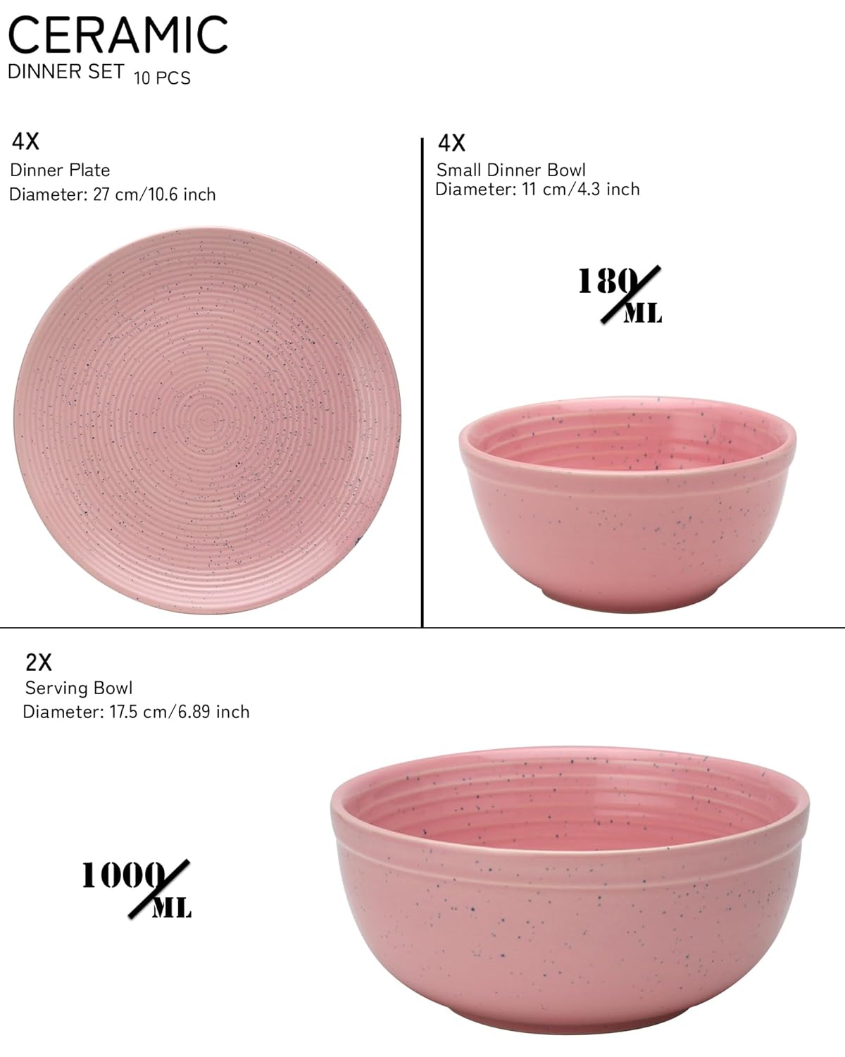 Handcrafted Ceramic Stoneware Dinner Set Of 10 Pcs With Serving Bowl Set - Blush Pink | 4 Dinner Plates, 10.6 Inch Each + 4 Small Dinner Bowl, 180ml Each+ 2 Serving Bowl, 1000ml Each