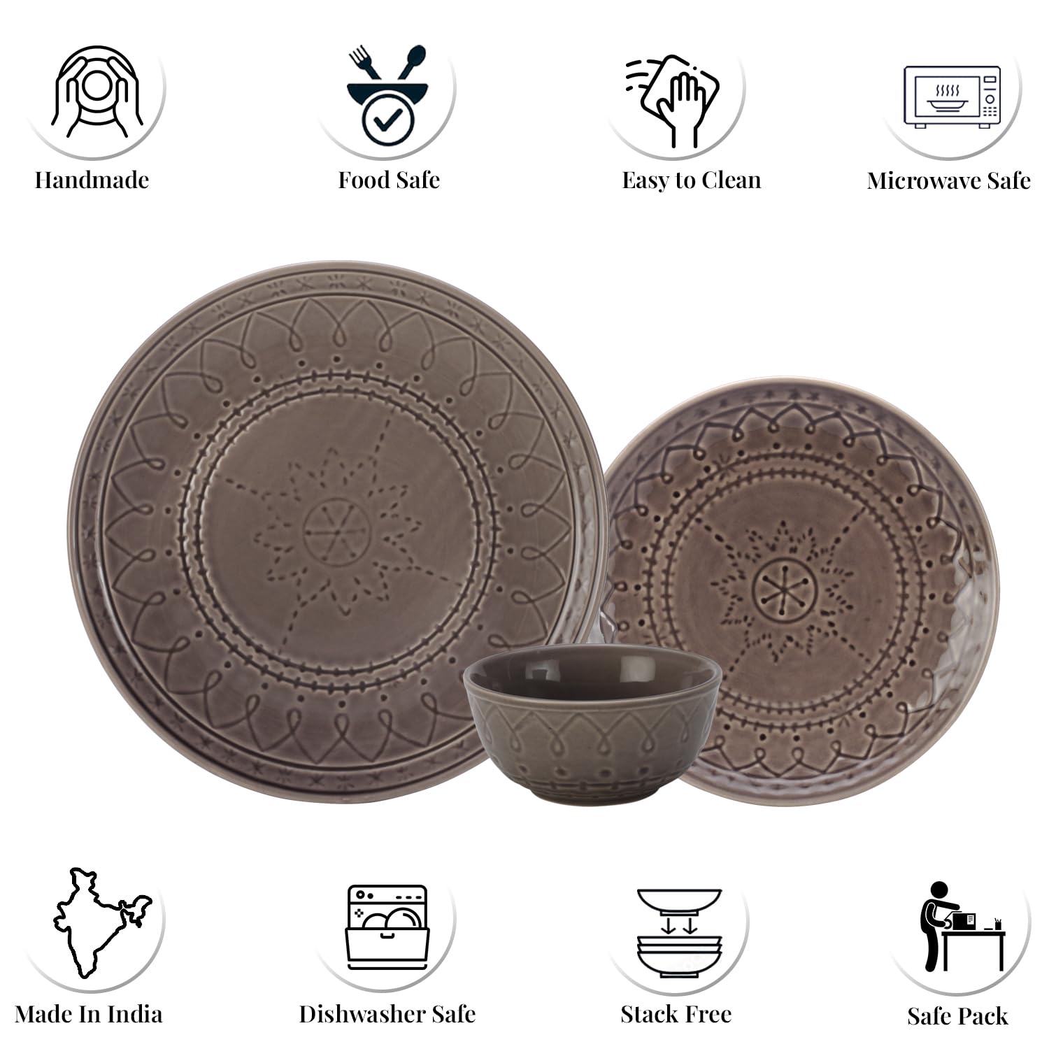 Handcrafted Stoneware Embossed Ceramic Dinner Set Of 6 Pcs - Ash Grey | 2 Dinner Plates+ 2 Small Plates+ 2 Small Bowls, 180ml Each - Microwave & Dishwasher Safe | Serving For 2