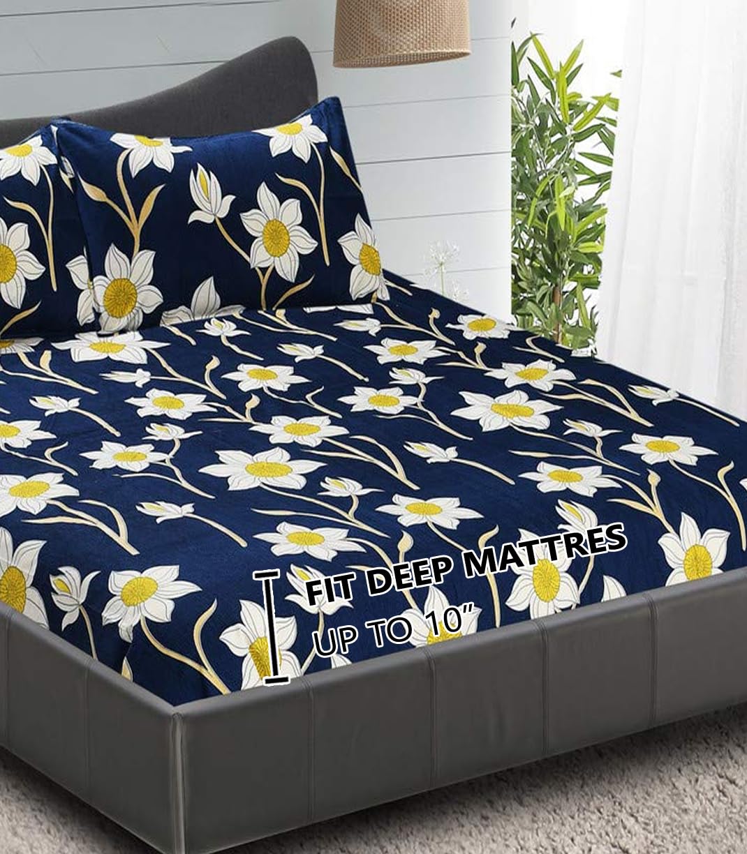 King Size Bedsheet With Two Pillow Cover (Size - 78 X 72 Inches, Royal Blue) | Elastic Fitted Floral Bedsheet | Best For Festival Gifting
