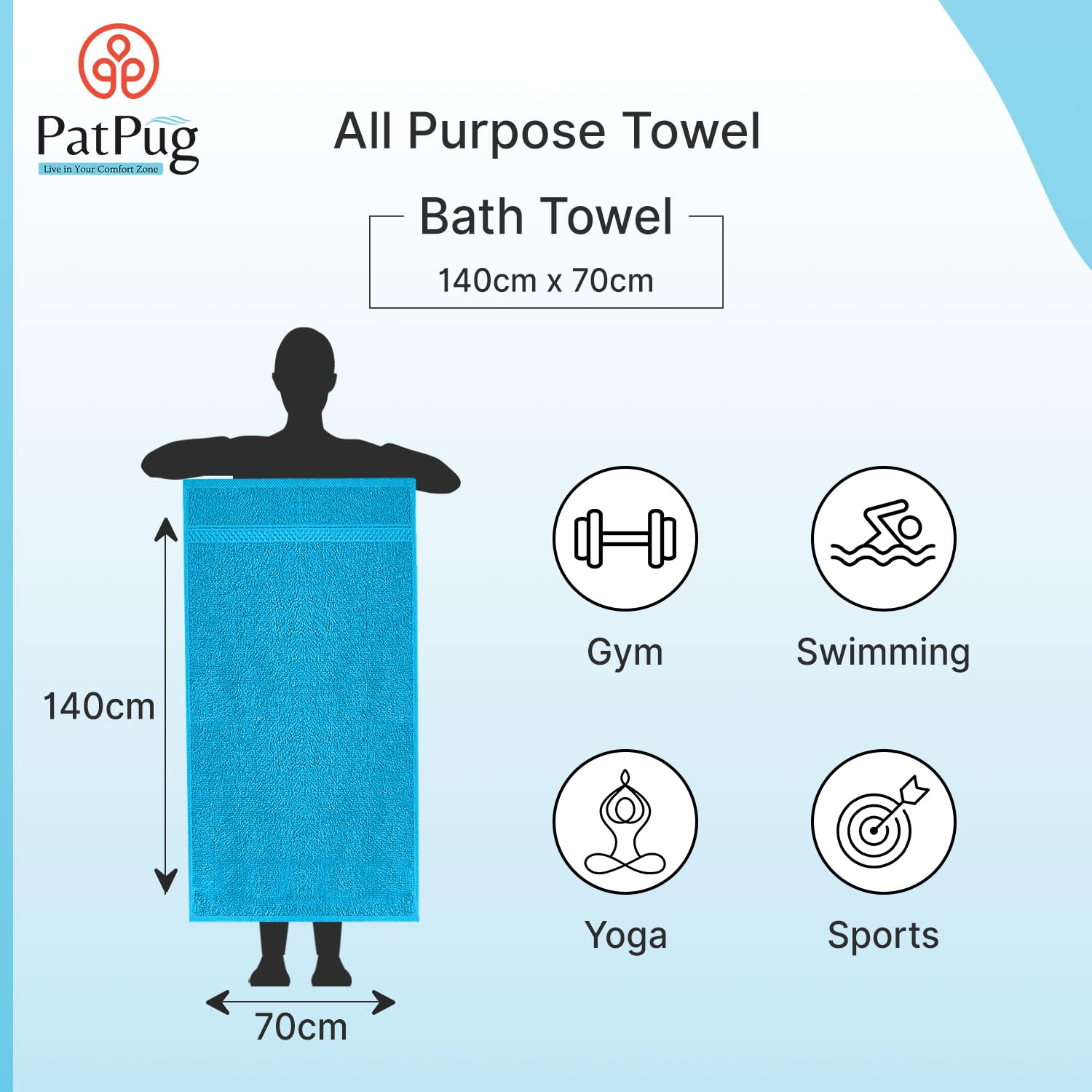 PatPug 100% Indian Ultra Soft Cotton Towel 380 Gsm | Highly Absorbent, Fade Resistant Large Bath Towel (Teal)