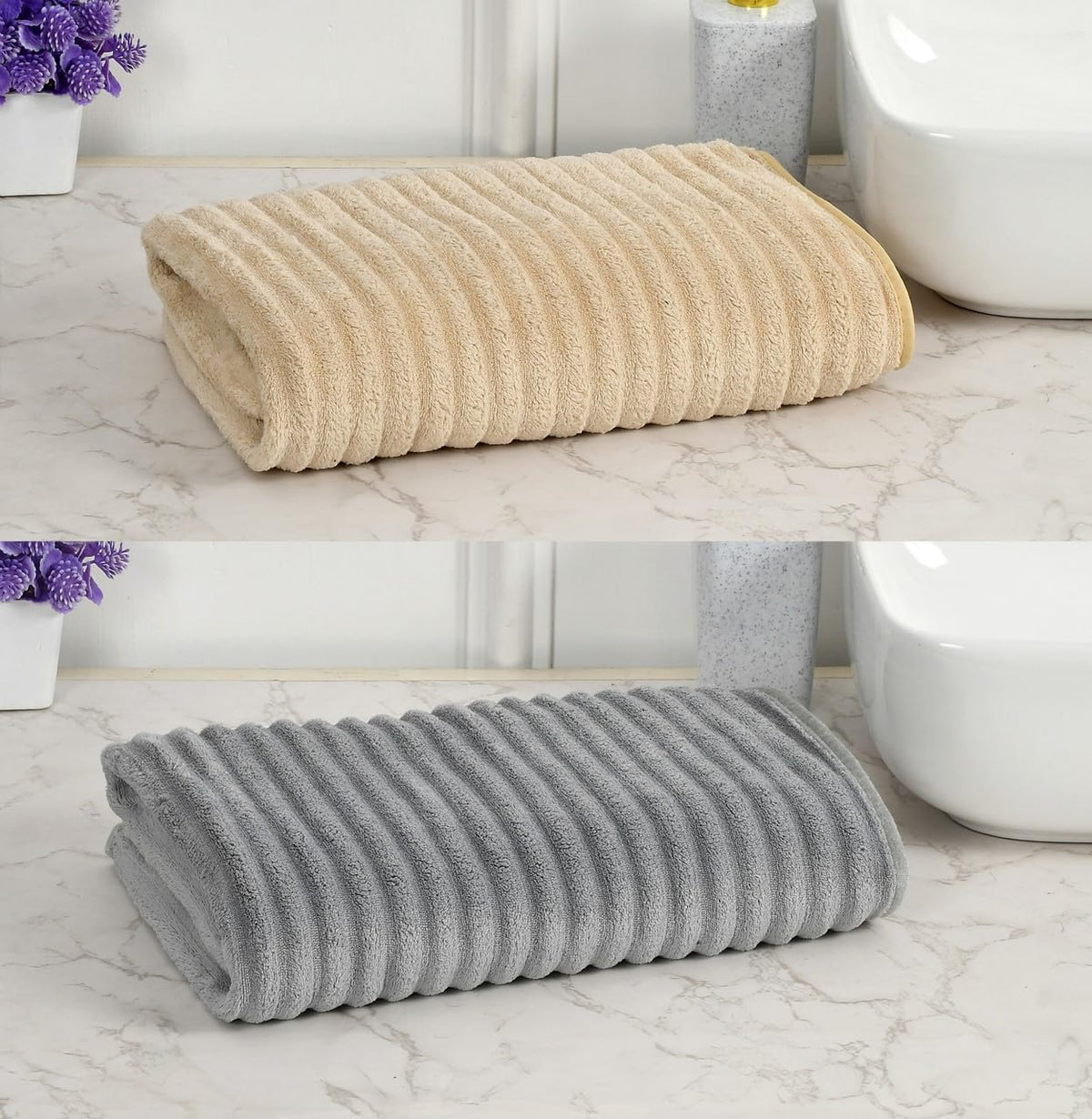 Cotton Bolls Premium Microfiber Bath Towel 300 Gsm | Ultra-Soft, Highly Absorbent, Superior Comfort, Durable & Elegant Design (2 Pcs) - Beige & Grey