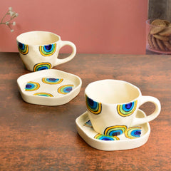 Hand Painted Ceramic Cup & Saucer Set Of 2 - Multicolor, 250ml Each | Microwave Safe Tea Cups & Mugs - Chai Cups