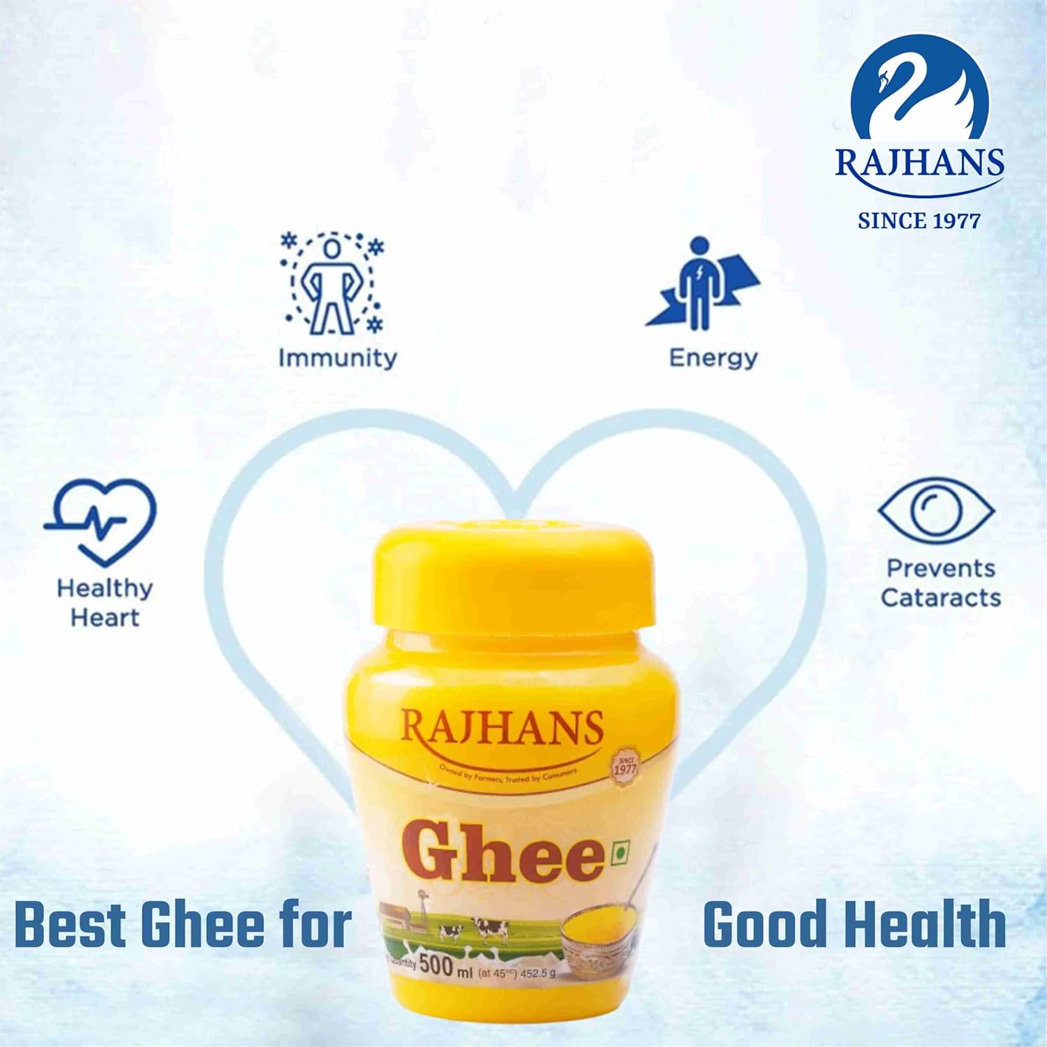 Pure Premium Cow Ghee By Rajhans | High In Protein Fiber Healthy & Nutrients Desi Ghee Perfect For Boost Energy | (500ml) 16.9 Ounce | Jar Pack