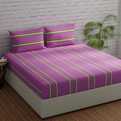 144 TC Double Bedsheet For Queen Size With 2 Pillow Covers - 88 X 96 Inches, Pink & Green | Printed Stripes | Perfect Gift For Anniversary, Wedding