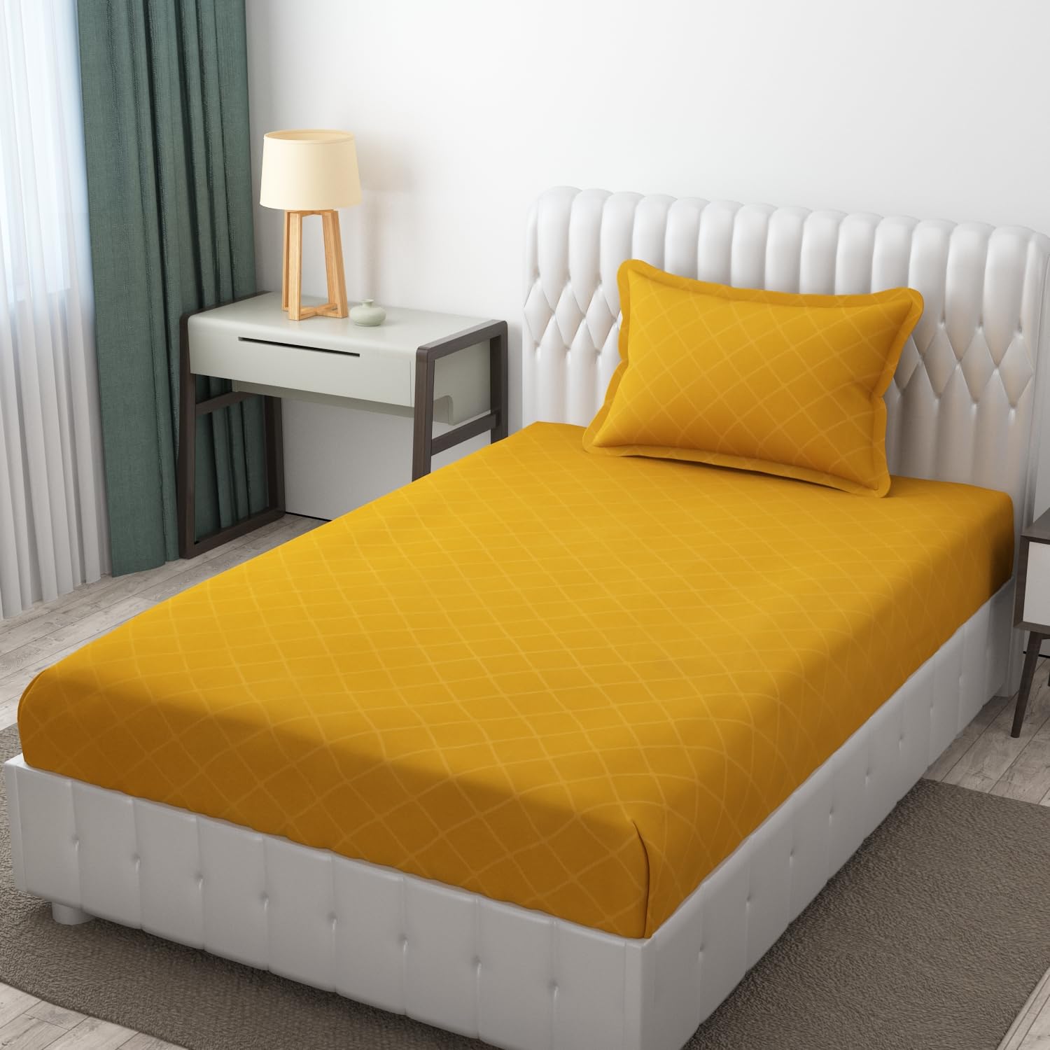 Soft Microfiber Single Bedsheet With 1 Pillow Covers - 60 X 90 Inches | Yellow, Barfi Design | Wrinkle Free Design & Easy To Wash | Refreshing Your Bedroom Look