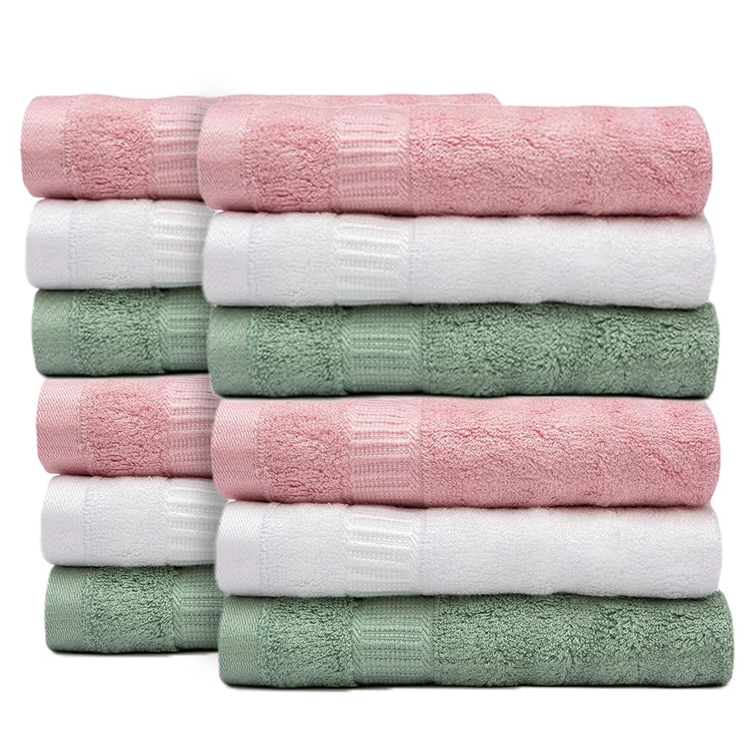 Mush Bamboo Face Towel Set 550 Gsm | Soft Absorbent Small Towels For Face & Hand | Set Of 12 - Green, Pink & White