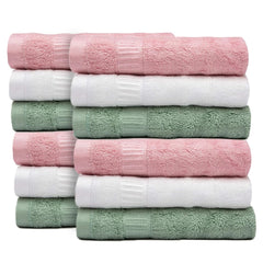 Mush Bamboo Face Towel Set 550 Gsm | Soft Absorbent Small Towels For Face & Hand | Set Of 12 - Green, Pink & White