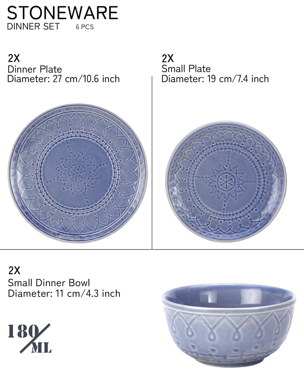 Handcrafted Stoneware Embossed Ceramic Dinner Set Of 6 Pcs - Mist Blue | 2 Dinner Plates+ 2 Small Plates+ 2 Small Bowls, 180ml Each - Microwave & Dishwasher Safe | Serving For 2