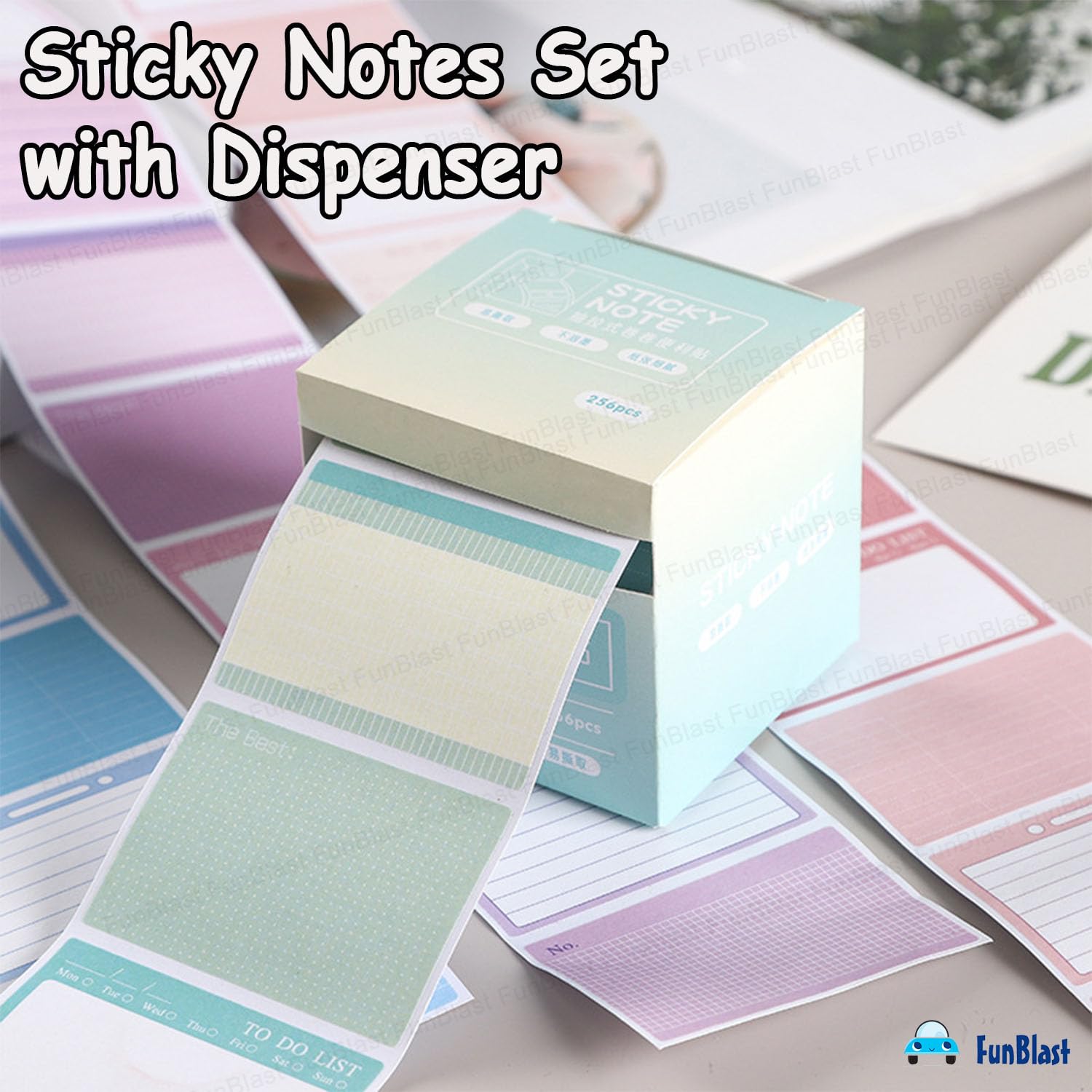 256 Pcs Sticky Notes Set With Dispenser, 8 Patterns Mini Sticky Notes For School, Home (Green)