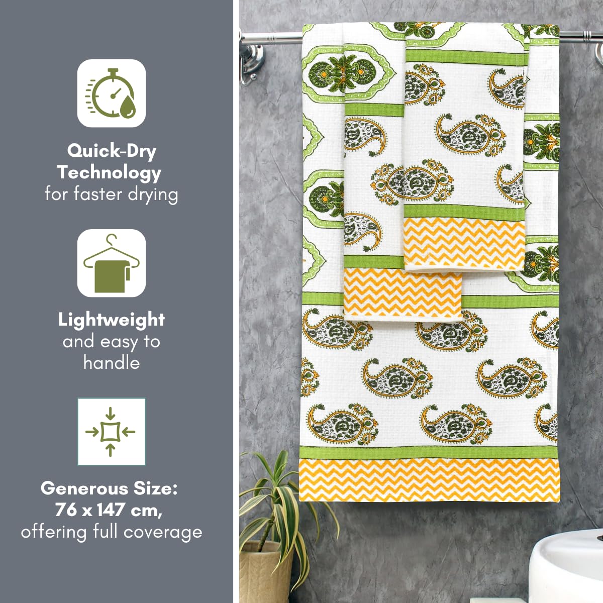 Mafatlal Madhuban Premium Waffle Cotton 1 Bath & 2 Hand Towel 700 Gsm | Hand Printed Floral Design Lightweight, Quick Dry Towel (Irish Green) - 3 Pcs