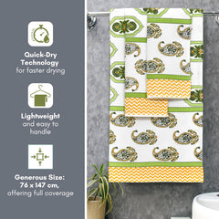 Mafatlal Madhuban Premium Waffle Cotton 1 Bath & 2 Hand Towel 700 Gsm | Hand Printed Floral Design Lightweight, Quick Dry Towel (Irish Green) - 3 Pcs